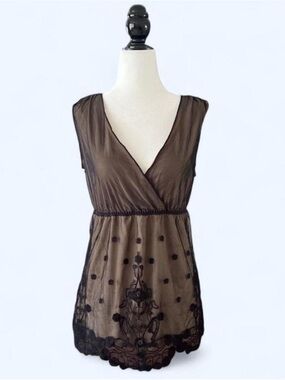 Sheer Brown Black Lace Embroidered Babydoll Sleep Tunic Medium